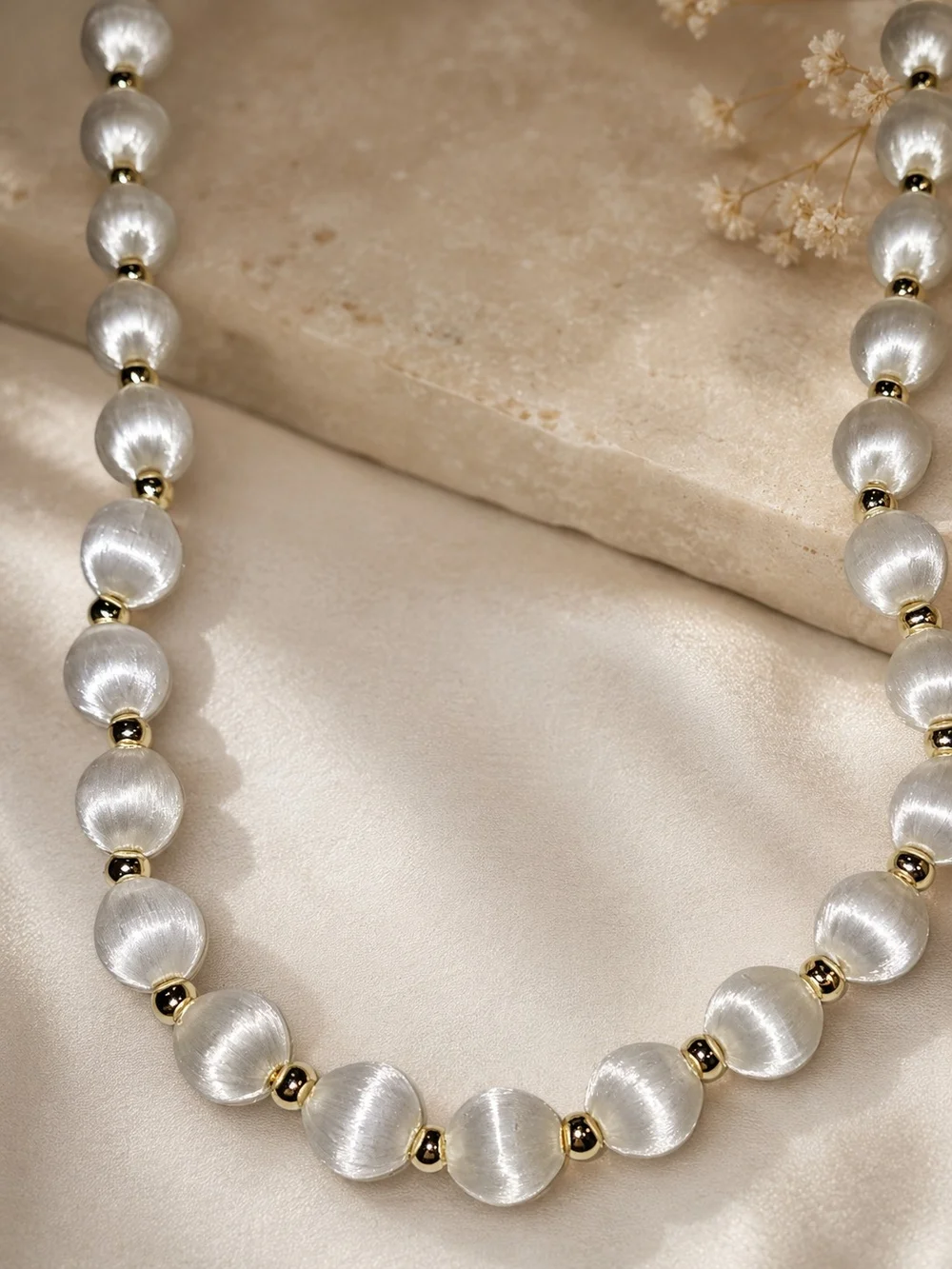 Satin White Bead Necklace with Gold Spacer Accents